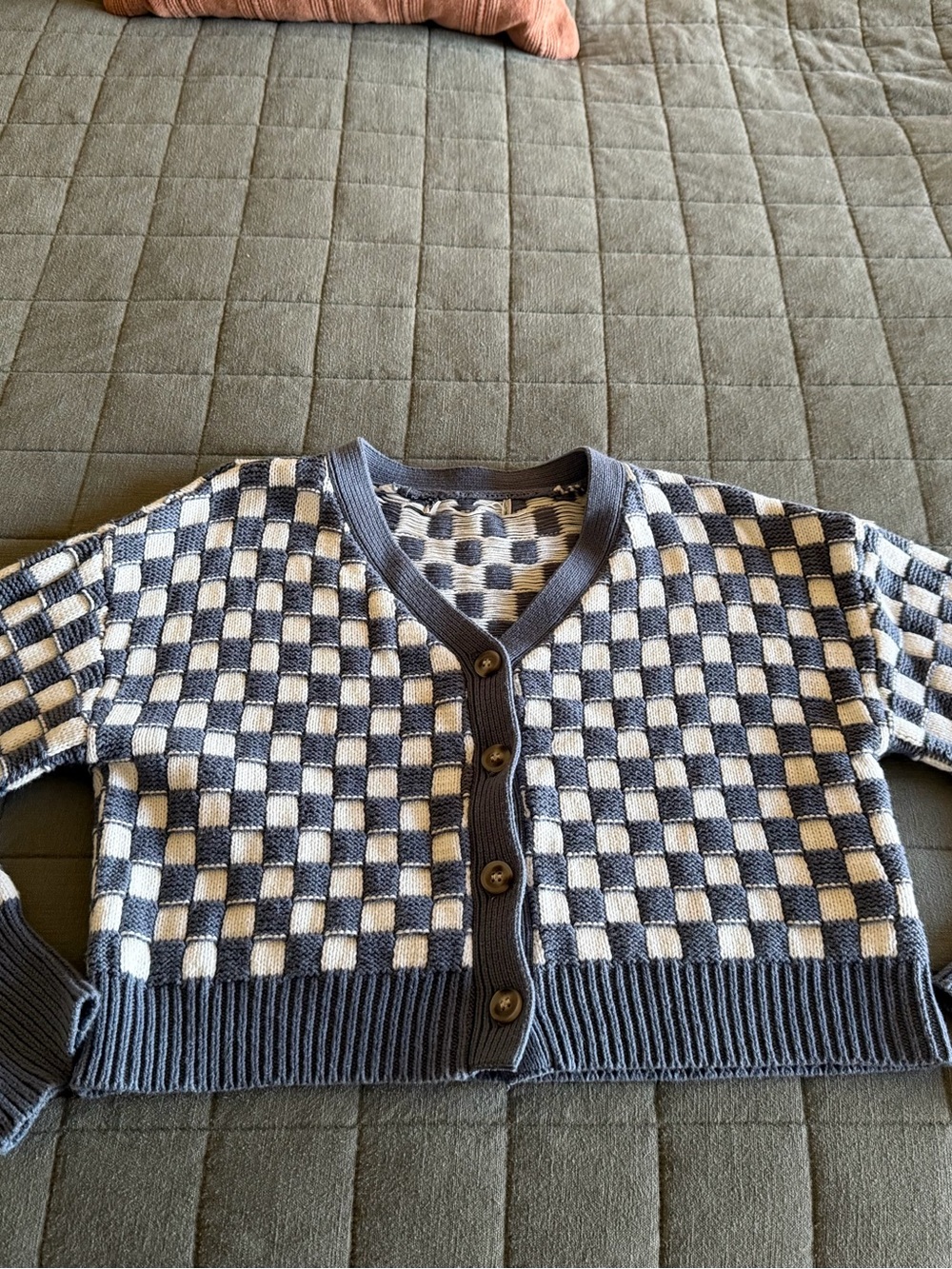 Checkerboard Cropped Knit Cardigan Sweater - Blue & Cream